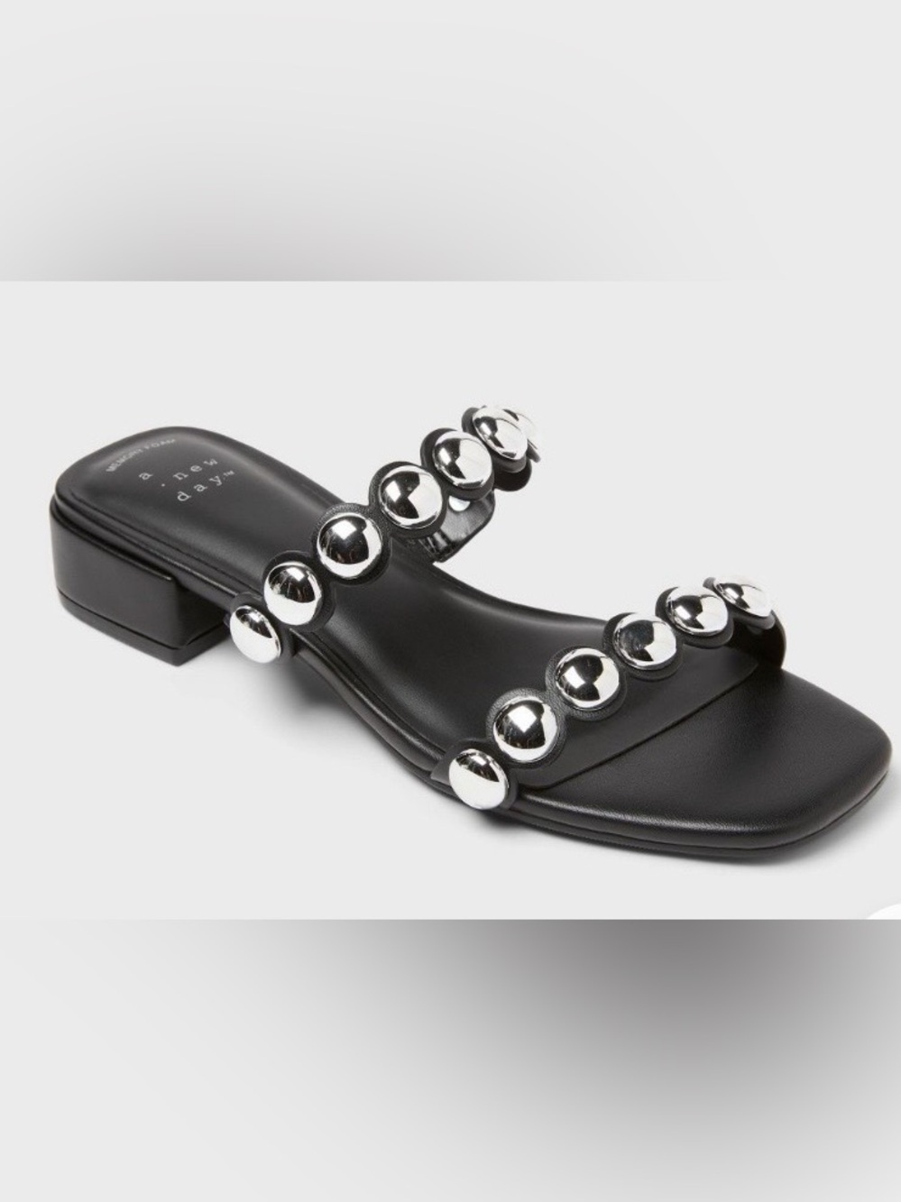 New! A New Day Black Studded Two-Strap Low Block Heel Sandal